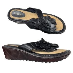 BOC Black Faux Leather Flower Wedge Sandals Womens 7 Beachy Casual Slip On